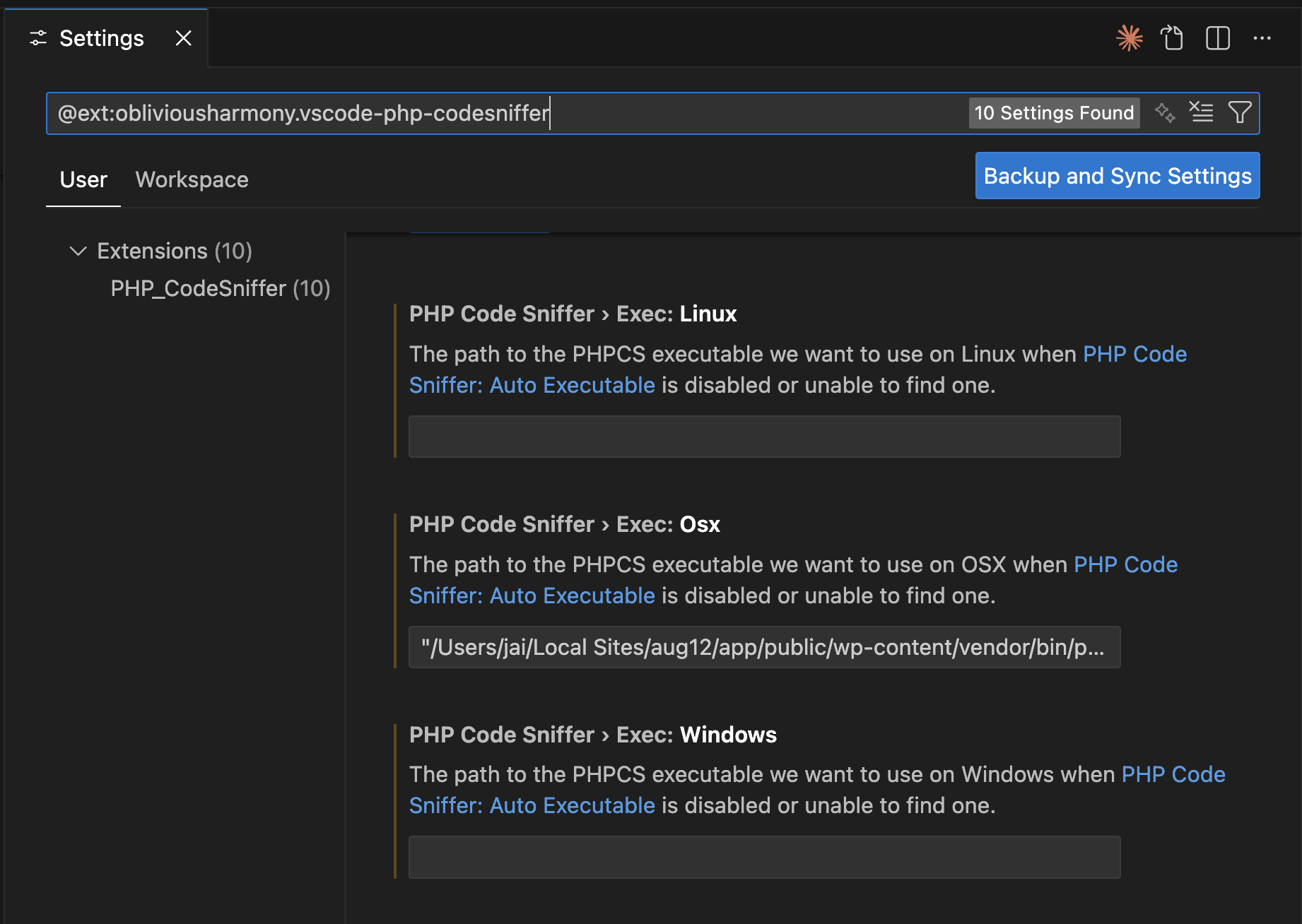 PHP Code Sniffer settings