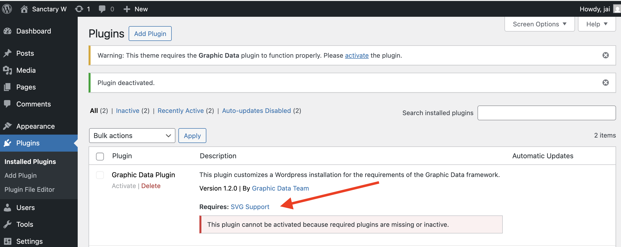 WordPress Plugins admin screen